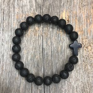 Black Lava Bead Black Christian Cross Bracelet